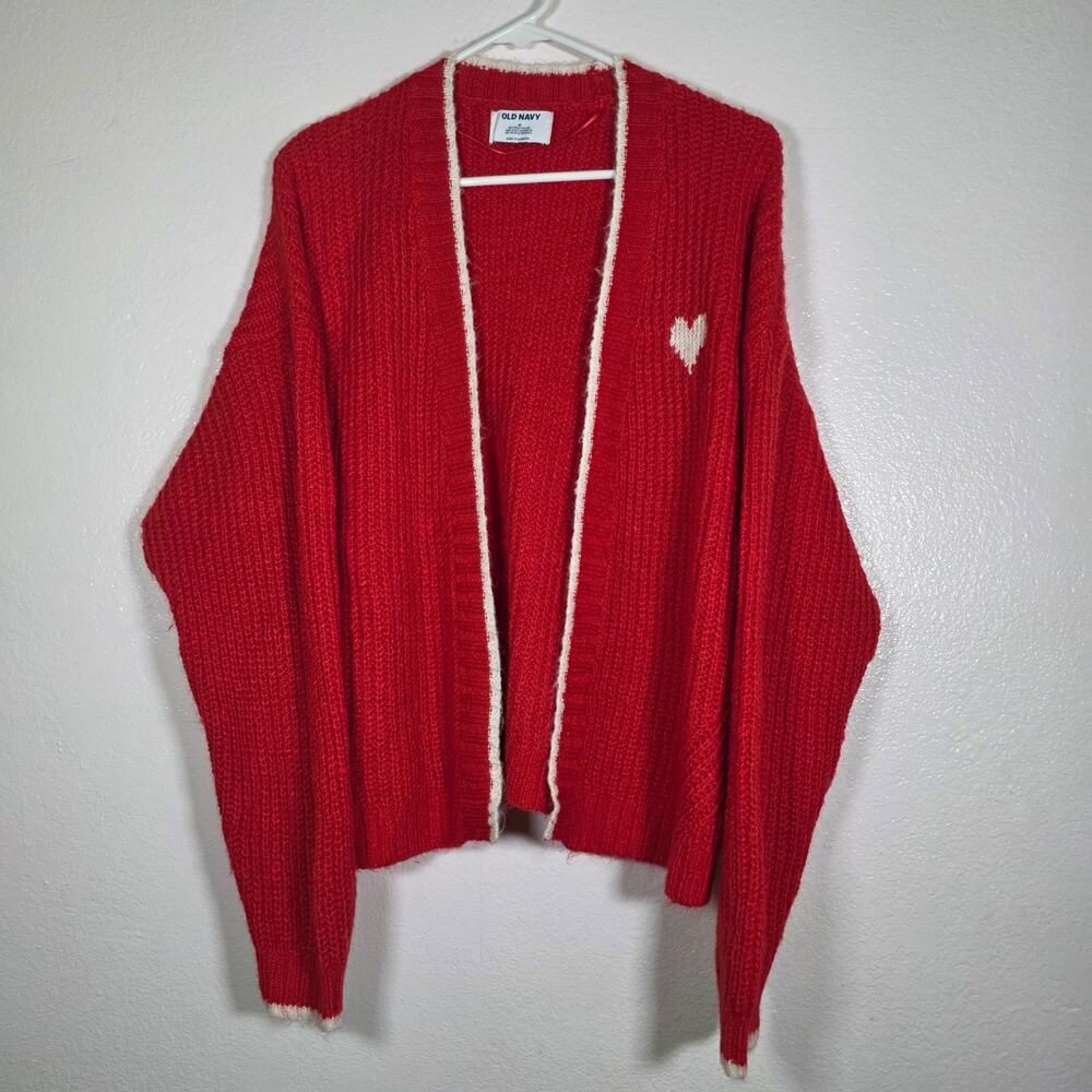 Old Navy Red Heart Open Front Ribbed Cardigan Dolman Sleeve Women’s M